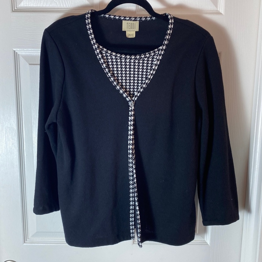 TEDDI  CARDIGAN AND SHELL ONE PIECE  BLACK WITH BLACK AND WHITE CHECKED SIZE M